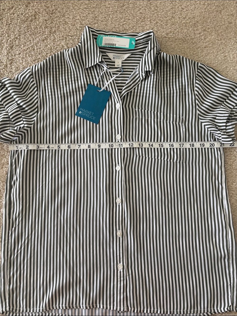 Green & White Vertical Stripe Button-Down Blouse - Picture 7 of 8